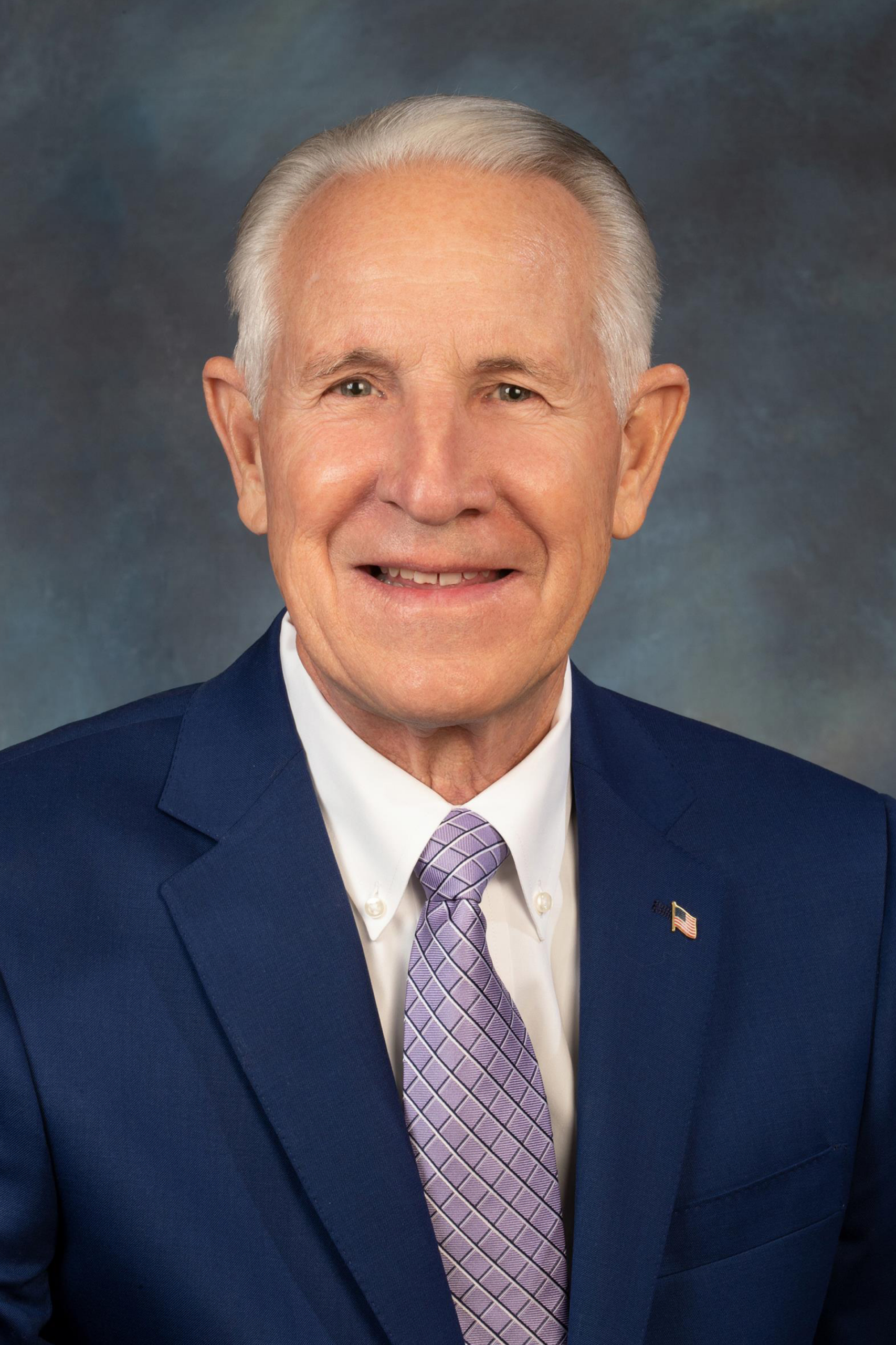 Professional headshot of a city councilmember with white hair, wearing a blue suit, white shirt, and lavender patterned tie, posed against a blue gray studio backdrop.