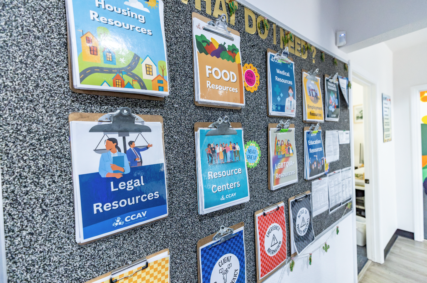 Community resource bulletin board with various informational posters and f.